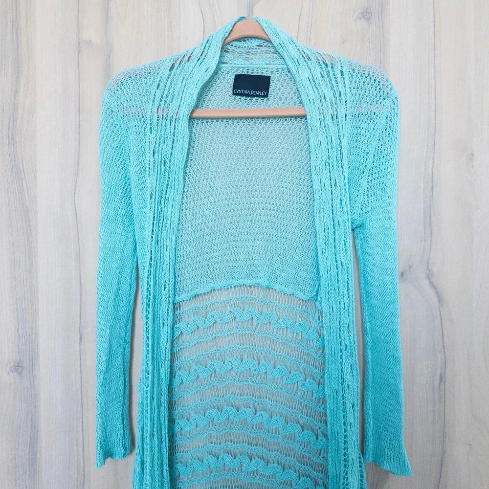 Cynthia Rowley Crochet Open Knit Cardigan‎ Small Turquoise Mermaid Boho Coastal